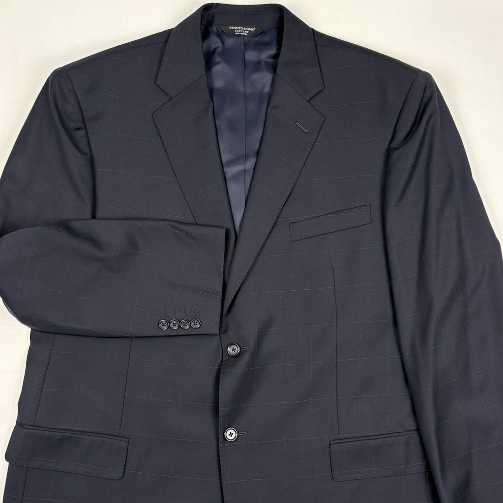 VTG Y2K Pronto Uomo Couture Super 120's Wool Sport Coat 46R Navy Windowpane EUC